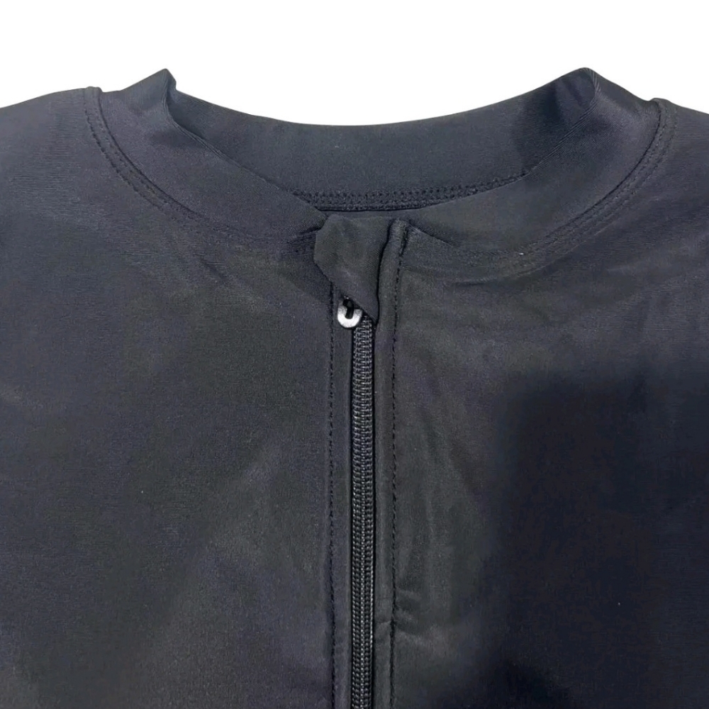 Modest Black Women's Burkini Set with Blue Patterned Sleeves - Picture 2 of 5